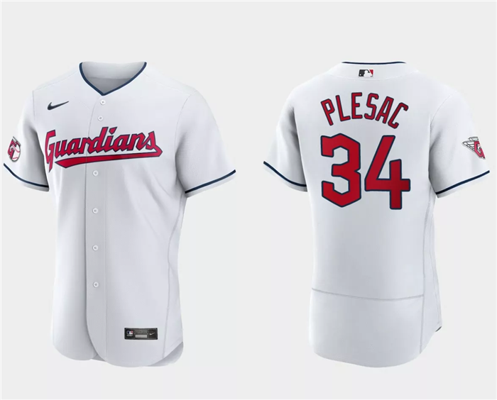 Men's Cleveland Guardians #34 Zach Plesac White Flex Base Stitched Jersey